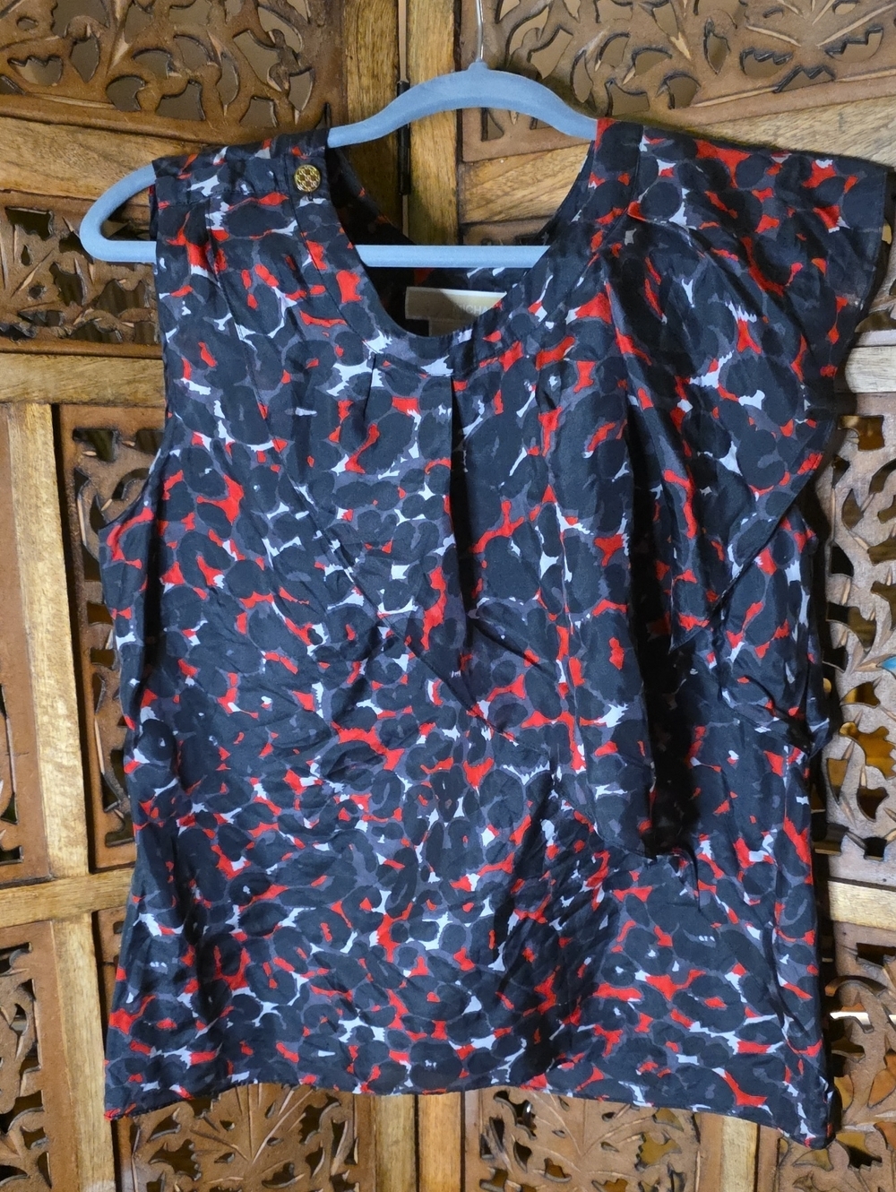 Michael Kors Black Red & Gray Abstract Print Silk Sleeveless Blouse